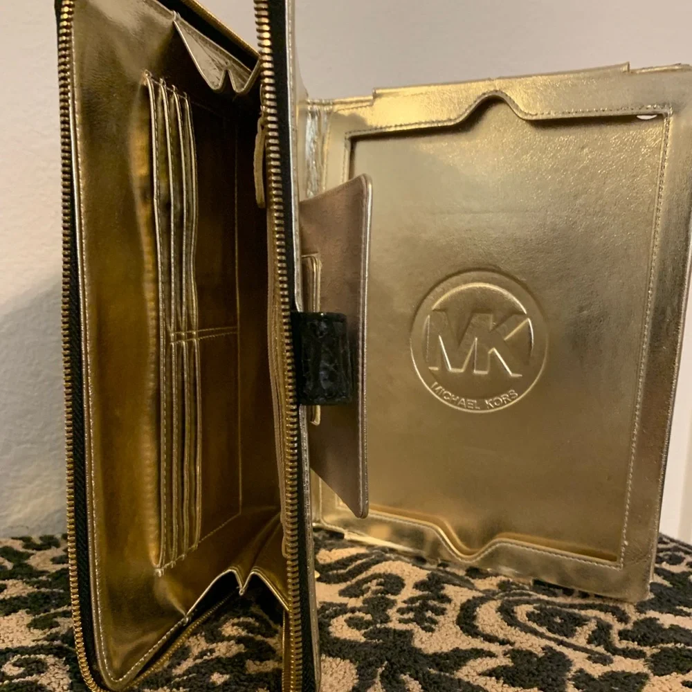 Michael Kors Black Faux Snakeskin Tablet Case with Gold Plate